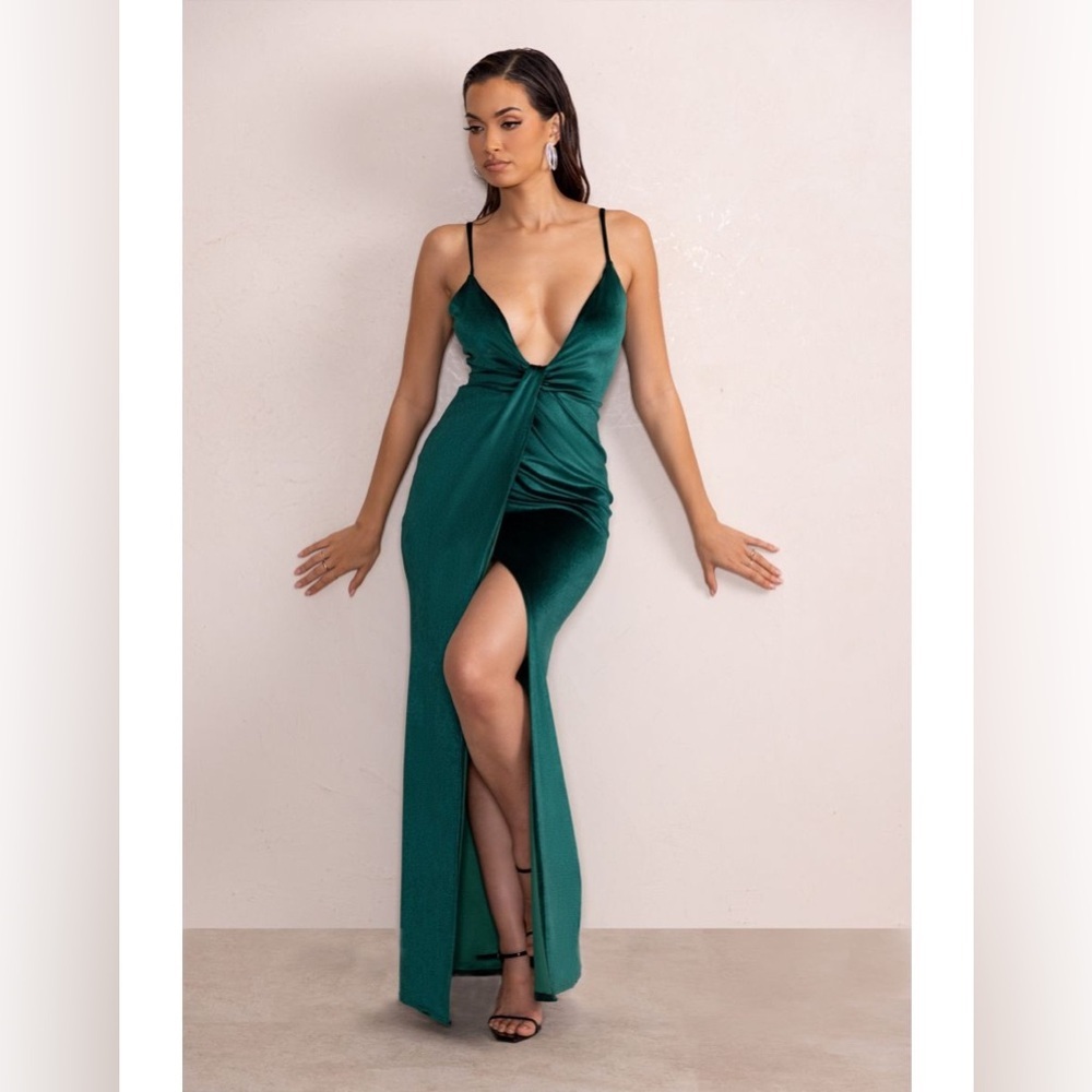 Club L London Women’s Bottle Emerald Green Velvet Plunge Neck Twist Maxi Dress 8